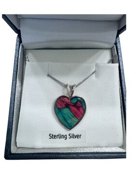 Heathergems Sterling Silver Heart Pendant Necklace with Turquoise and Fuchsia